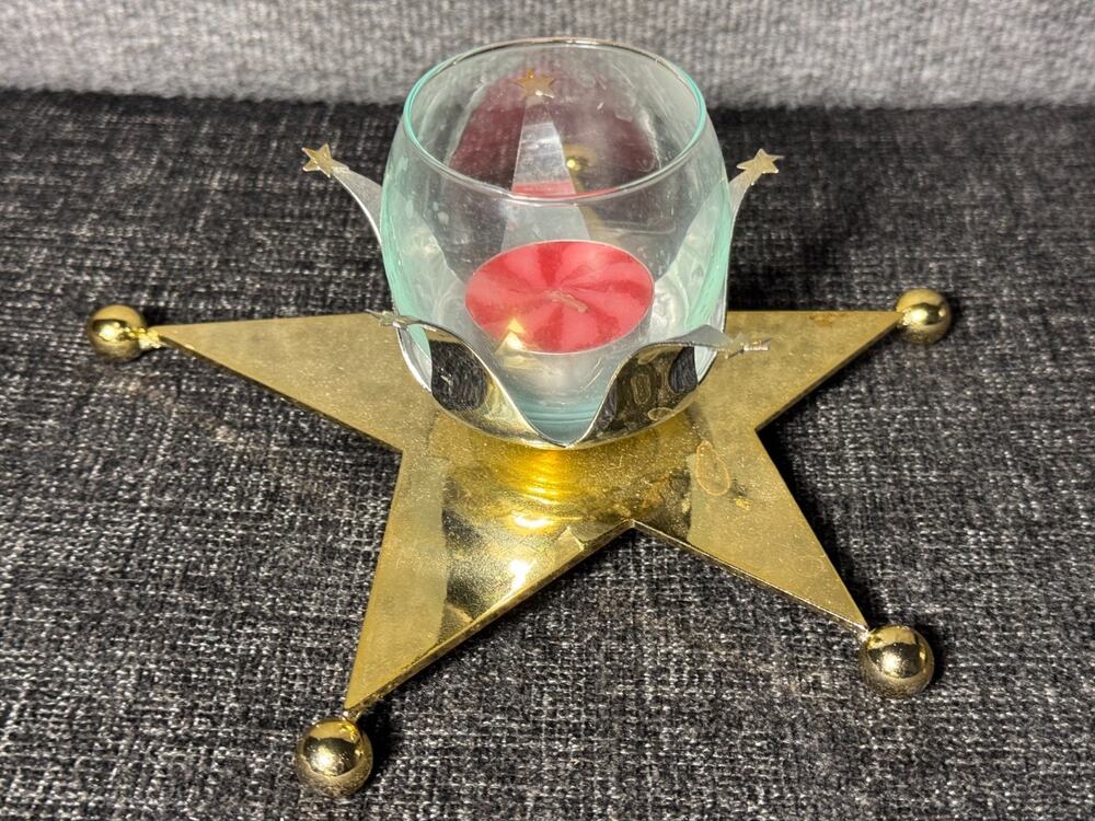 Vintage Dept. 56 Silver & Gold Tone Star Candle Holder With Votive Cup